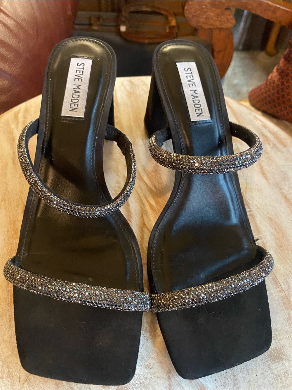 Steve Madden Black Crystal-Embellished Strappy Heels